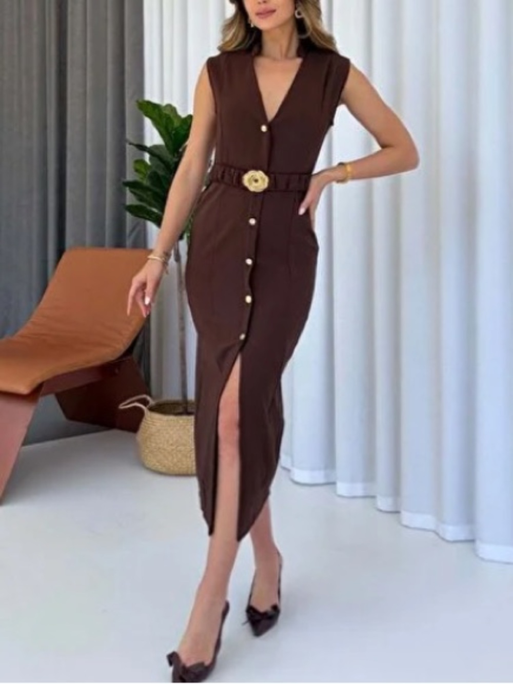Zara Brown Belted Midi Dress aize XS